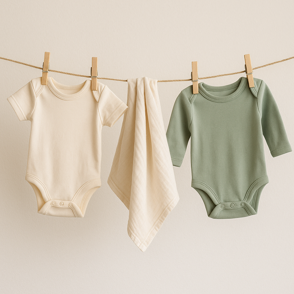 Organic cotton baby clothes on a neutral clothesline with soft cream and sage tones — Green Grom eco-friendly kids clothing brand campaign.