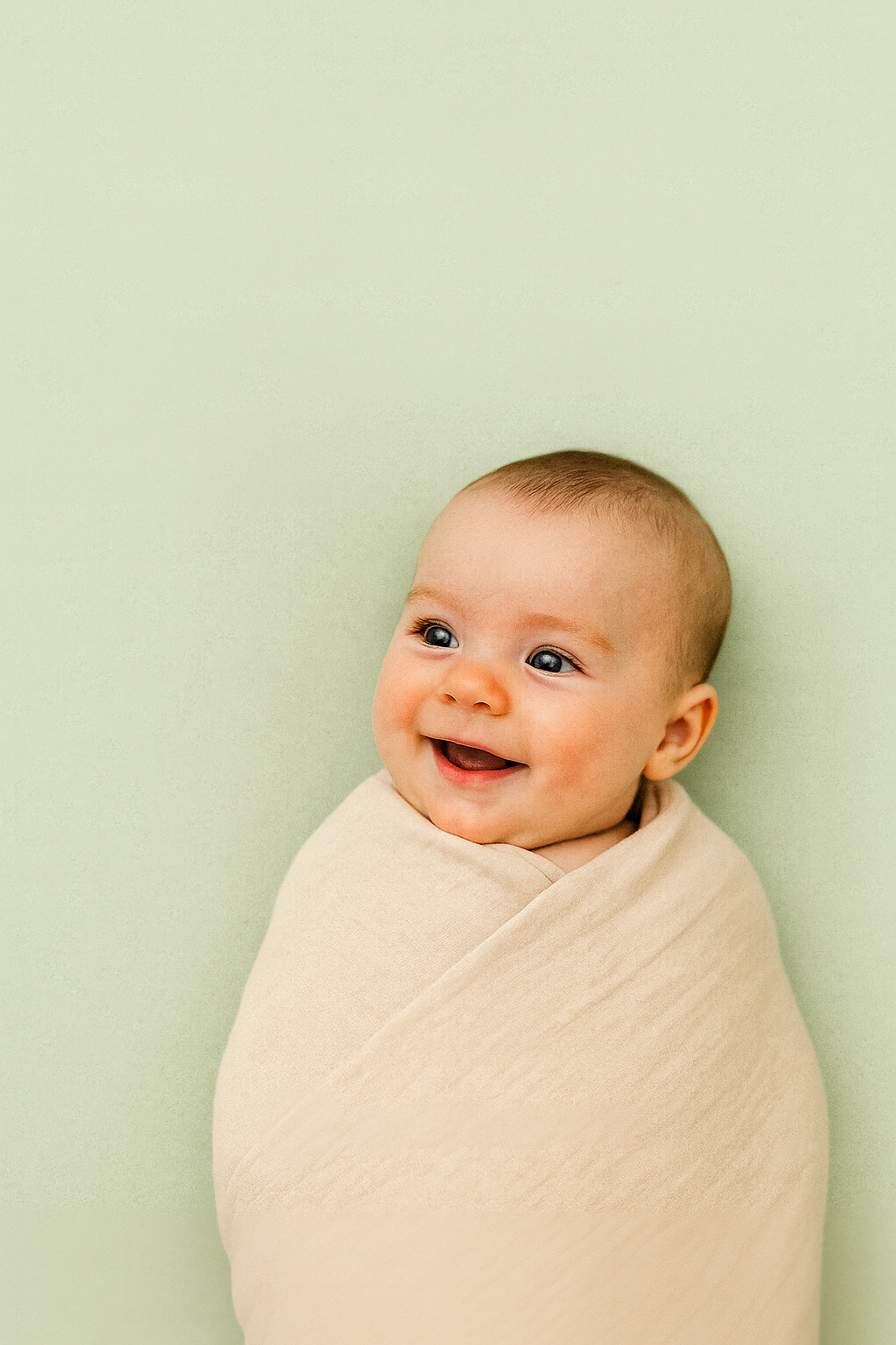 image of a baby with smooth, fair skin wrapped in a light beige organic cotton swaddle